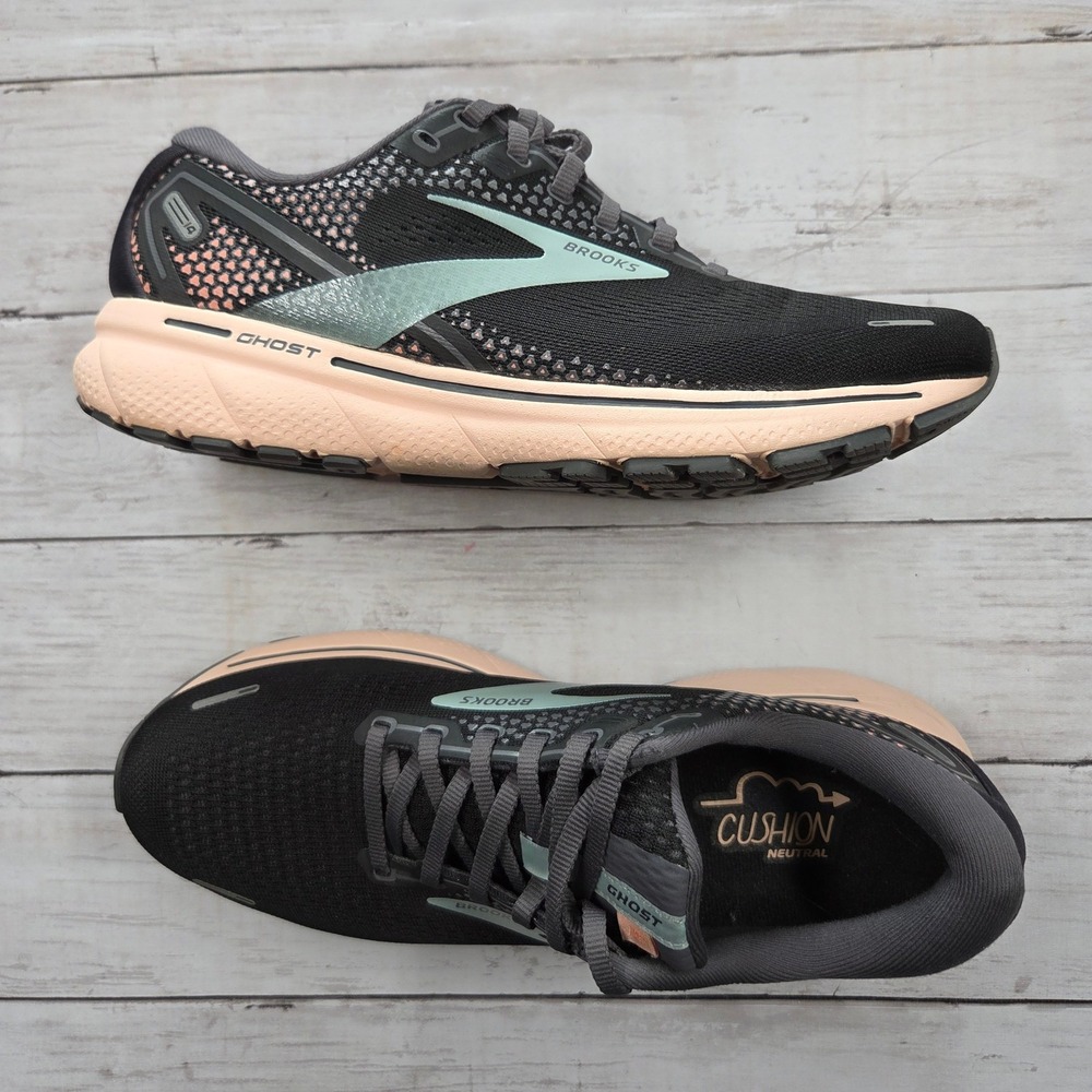 Brooks Ghost 14 Running Shoes Womens 11 Black Yucca Peach Neutral DNA LOFT Mesh